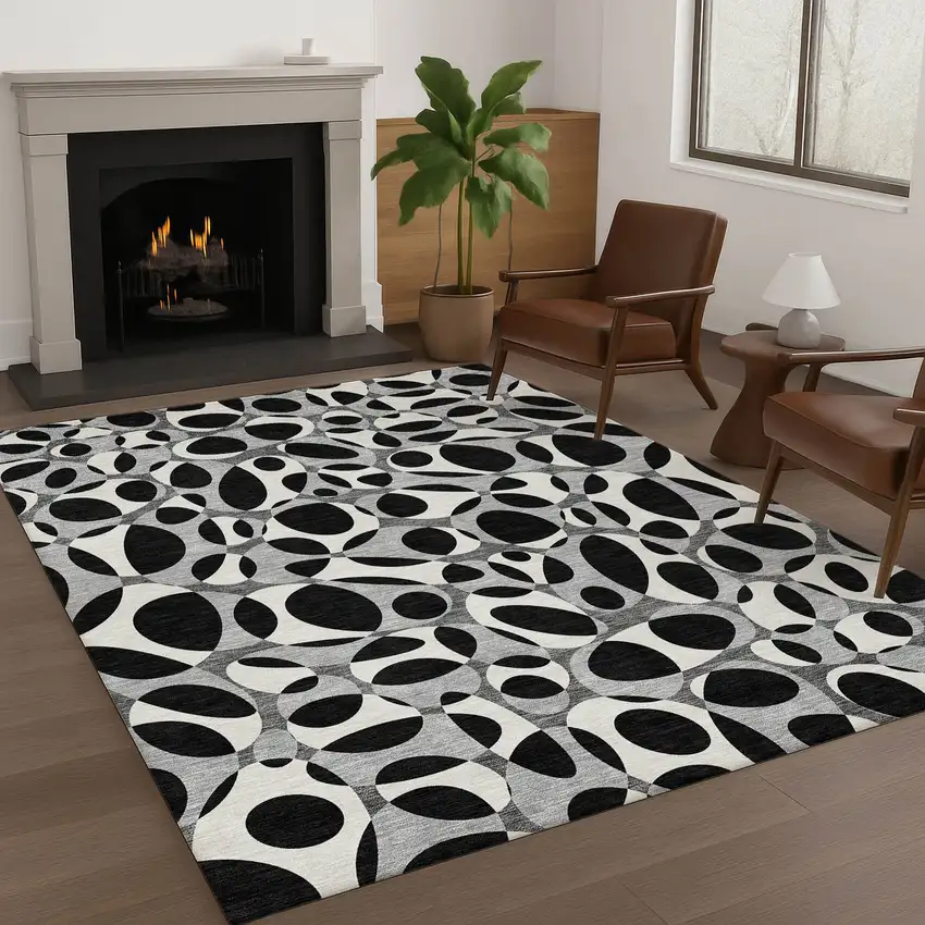 Black And Gray Abstract Washable Indoor Outdoor Area Rug Photo 6