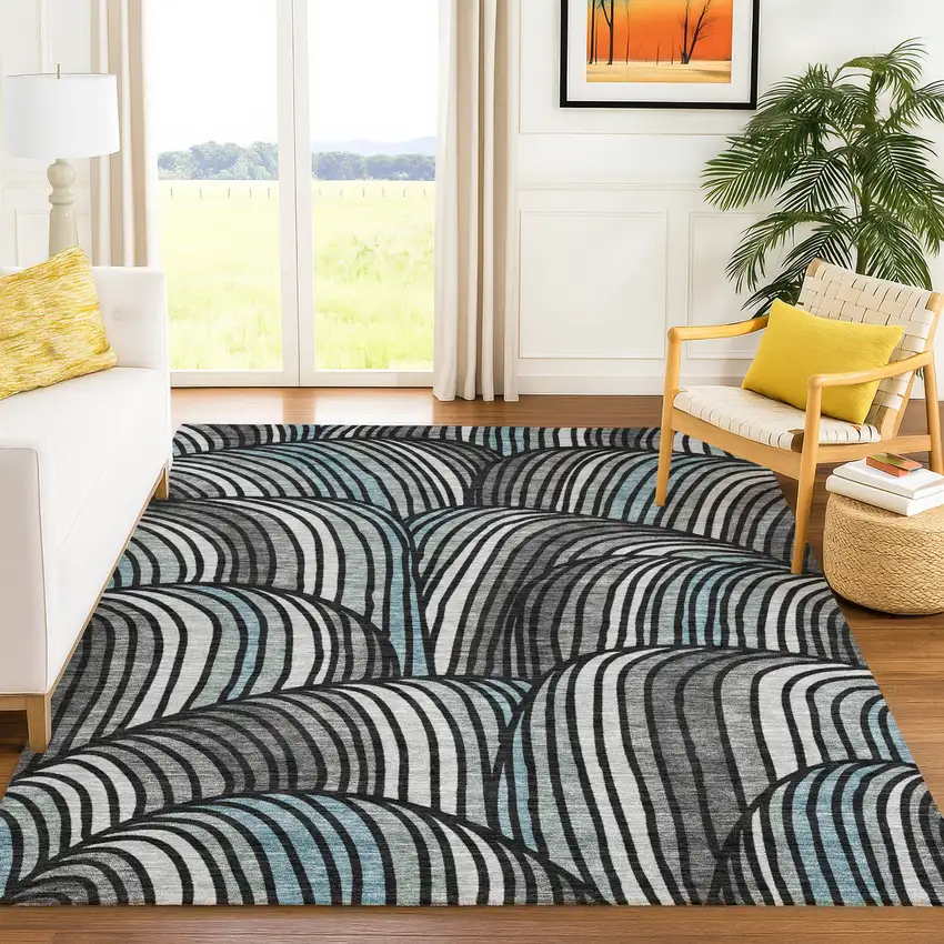 Black And Gray Abstract Washable Indoor Outdoor Area Rug Photo 6