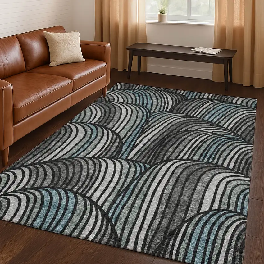 Black And Gray Abstract Washable Indoor Outdoor Area Rug Photo 5