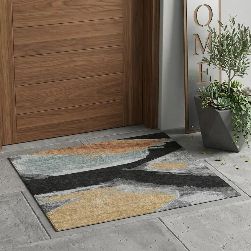 Black And Gray Abstract Washable Indoor Outdoor Area Rug Photo 1