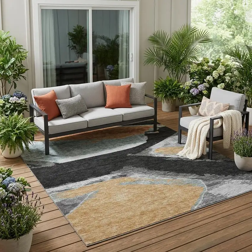 Black And Gray Abstract Washable Indoor Outdoor Area Rug Photo 1