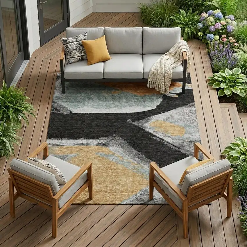 Black And Gray Abstract Washable Indoor Outdoor Area Rug Photo 1