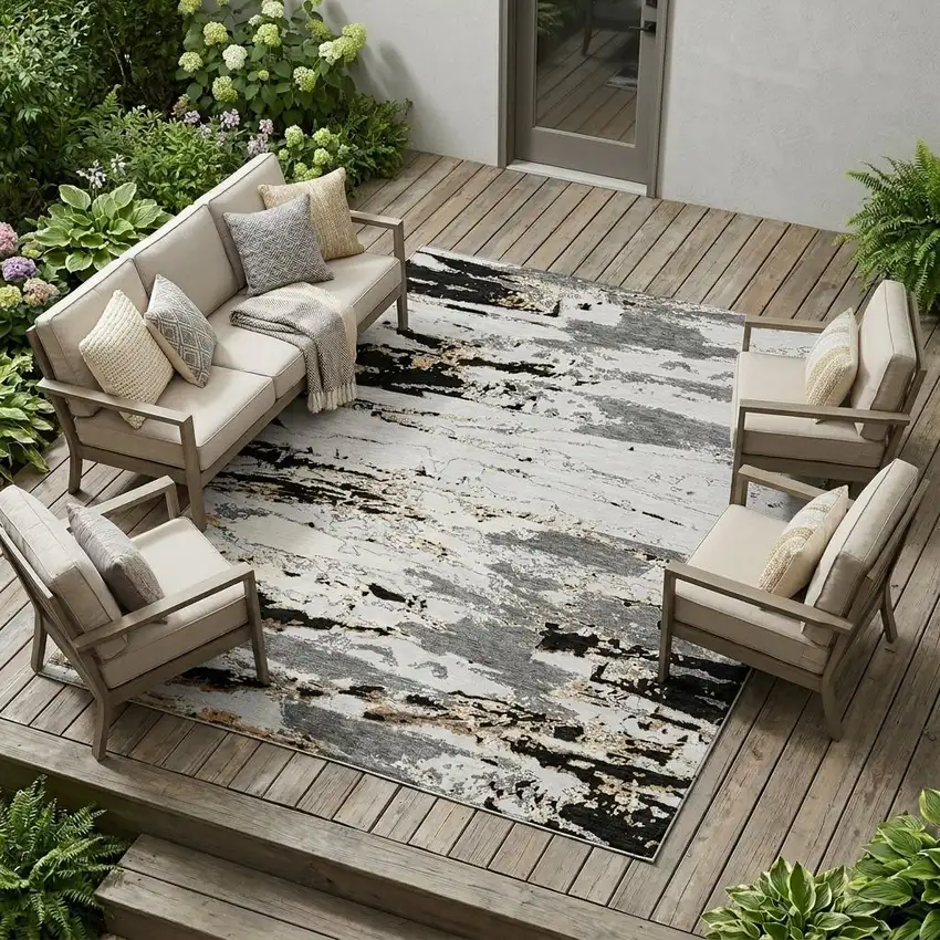 Black And Gray Abstract Washable Indoor Outdoor Area Rug Photo 1