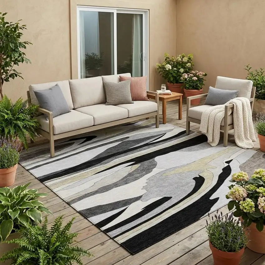 Black And Gray Abstract Washable Indoor Outdoor Area Rug Photo 1