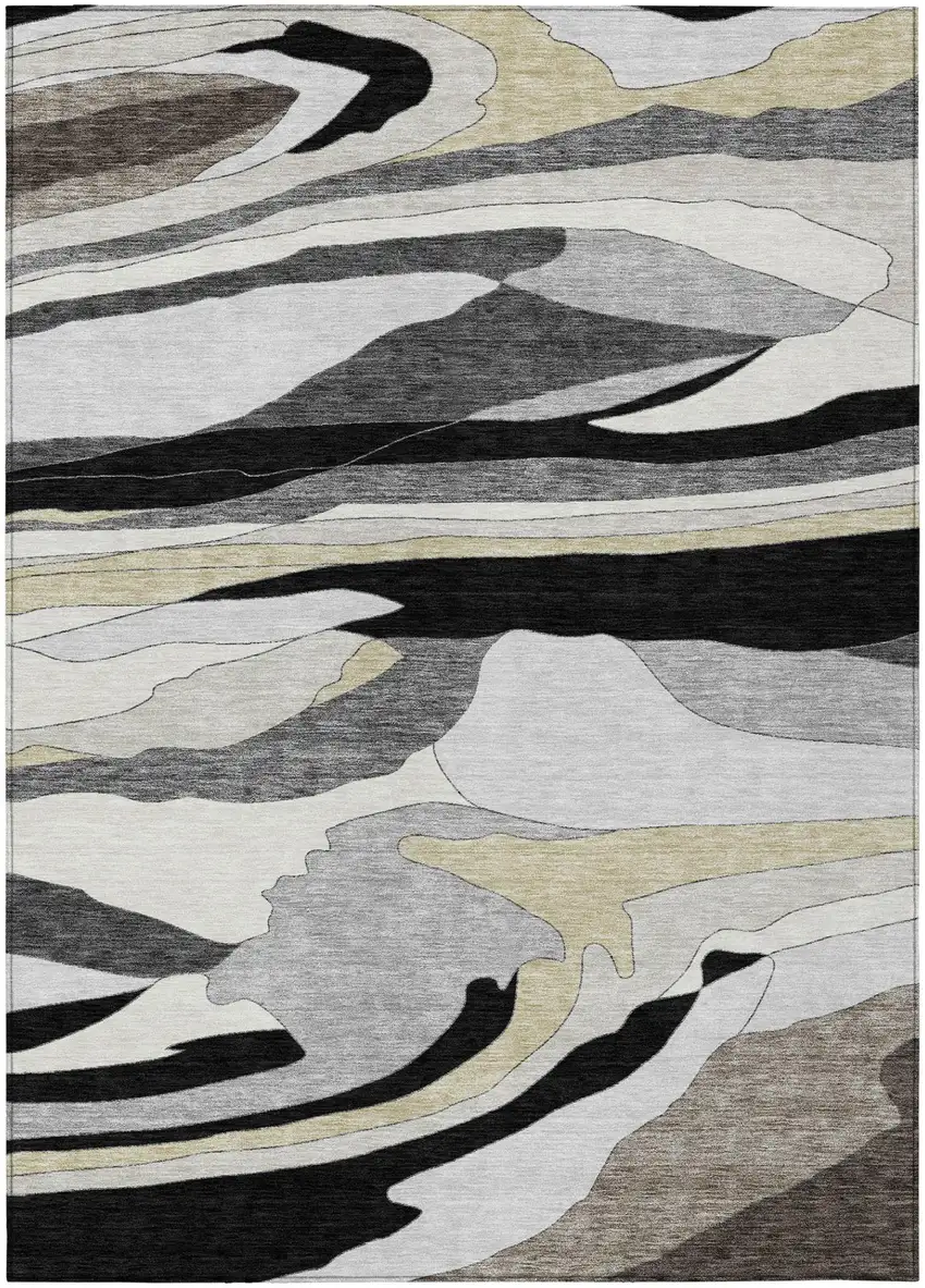 Black And Gray Abstract Washable Indoor Outdoor Area Rug Photo 2