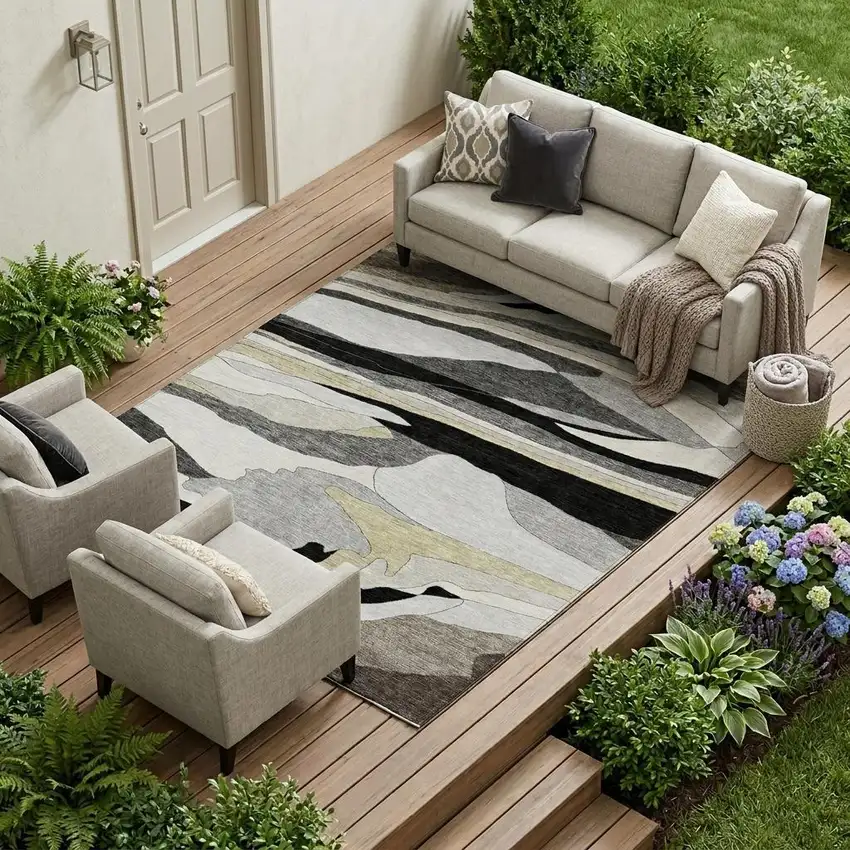 Black And Gray Abstract Washable Indoor Outdoor Area Rug Photo 1