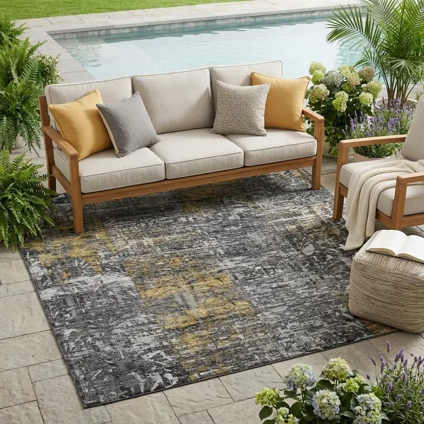 Black And Gray Abstract Washable Indoor Outdoor Area Rug Photo 1