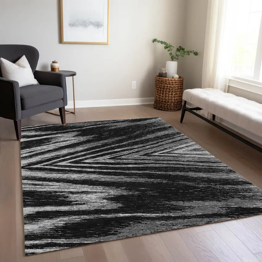 Black And Gray Abstract Washable Indoor Outdoor Area Rug Photo 9