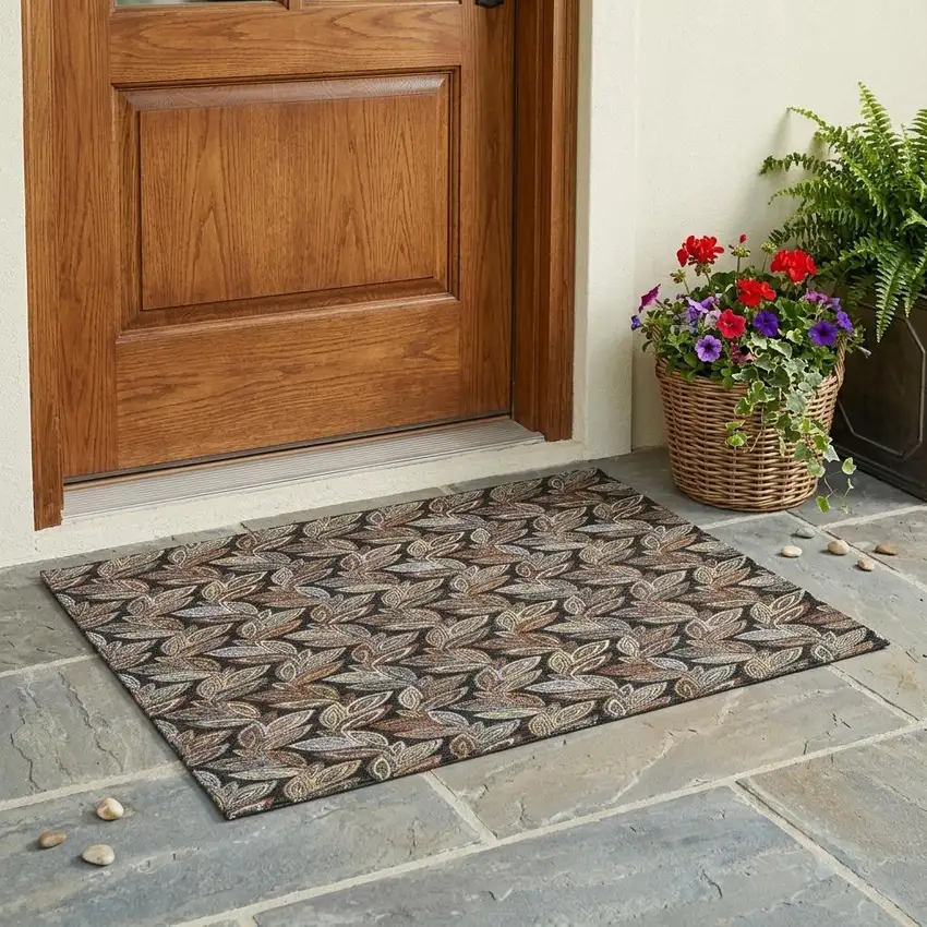 Black And Gray Botanical Leaves Washable Indoor Outdoor Area Rug Photo 1