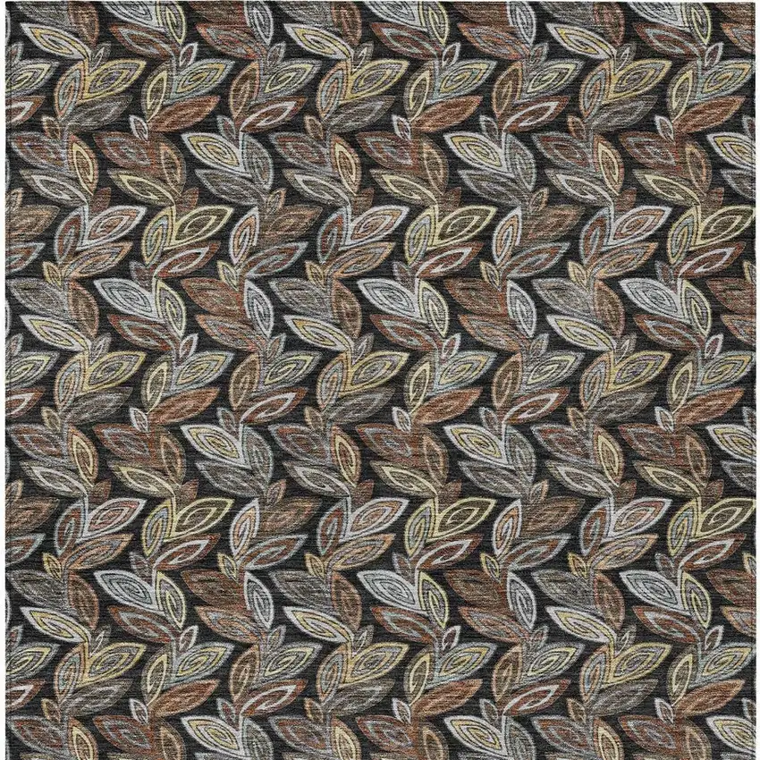 Black And Gray Botanical Leaves Washable Indoor Outdoor Area Rug Photo 6