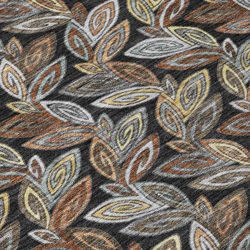 Black And Gray Botanical Leaves Washable Indoor Outdoor Area Rug Photo 8