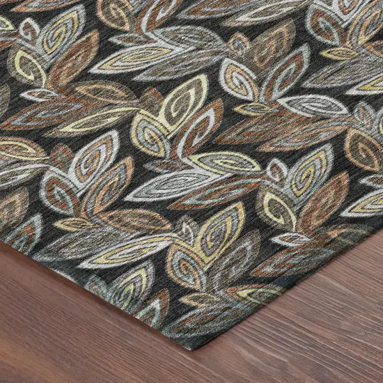 Black And Gray Botanical Leaves Washable Indoor Outdoor Area Rug Photo 7