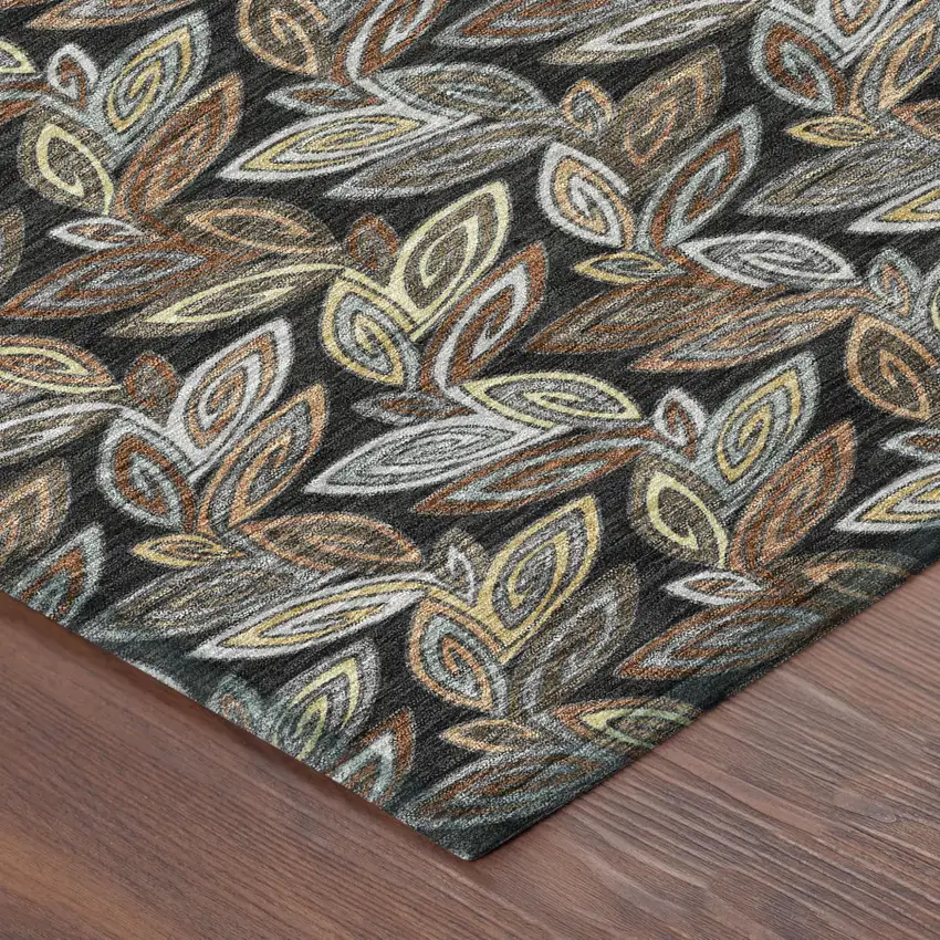 Black And Gray Botanical Leaves Washable Indoor Outdoor Area Rug Photo 7