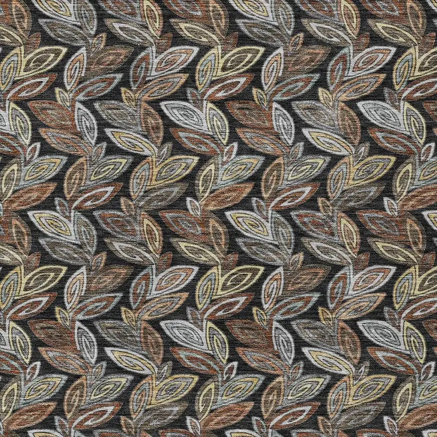 Black And Gray Botanical Leaves Washable Indoor Outdoor Area Rug Photo 5