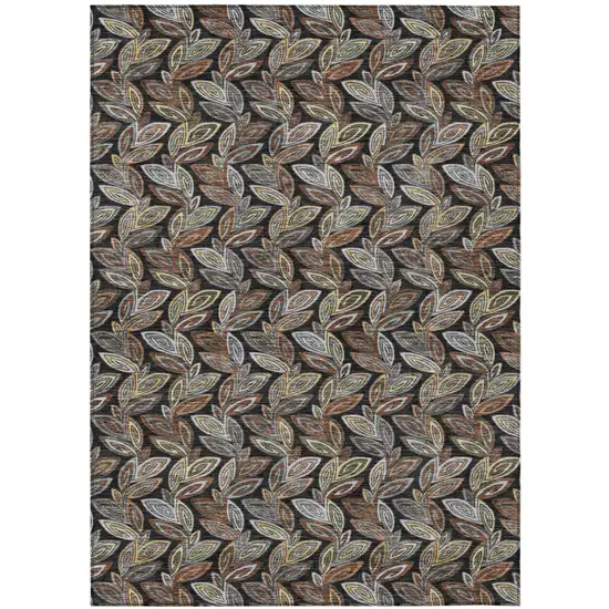 Black And Gray Botanical Leaves Washable Indoor Outdoor Area Rug Photo 2