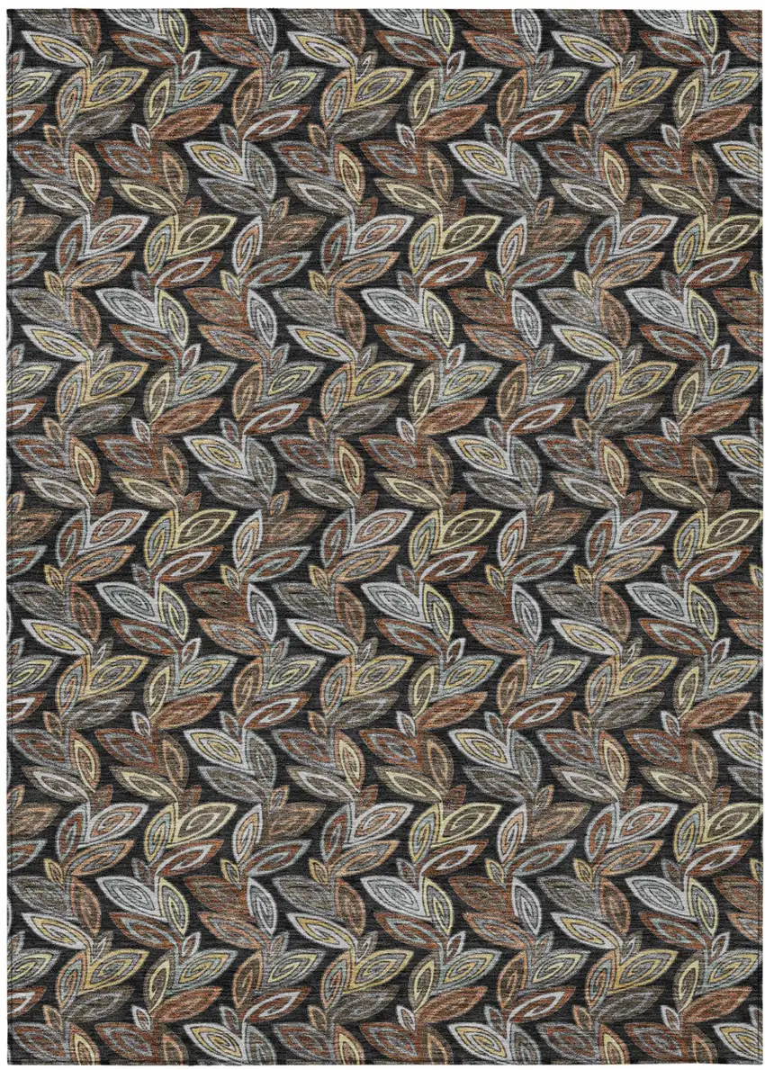 Black And Gray Botanical Leaves Washable Indoor Outdoor Area Rug Photo 2