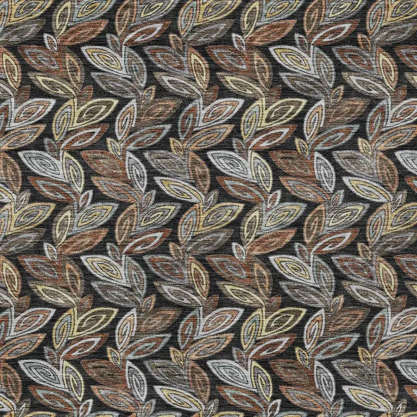 Black And Gray Botanical Leaves Washable Indoor Outdoor Area Rug Photo 3