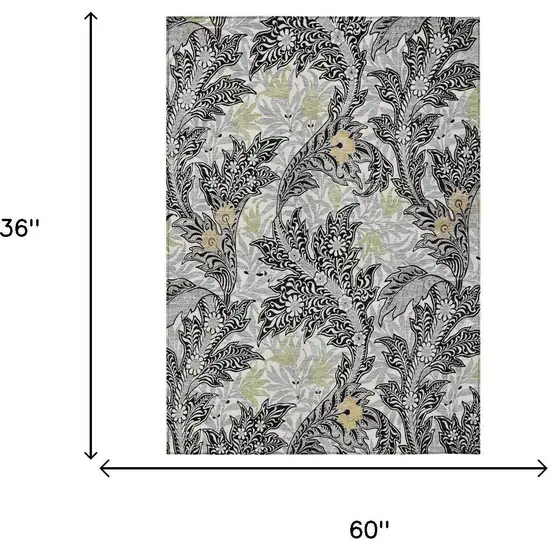 Black And Gray Botanical Leaves Washable Indoor Outdoor Area Rug Photo 5