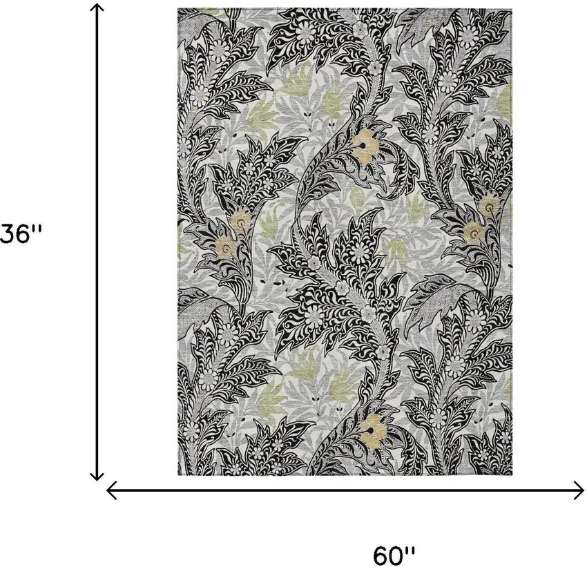 Black And Gray Botanical Leaves Washable Indoor Outdoor Area Rug Photo 5