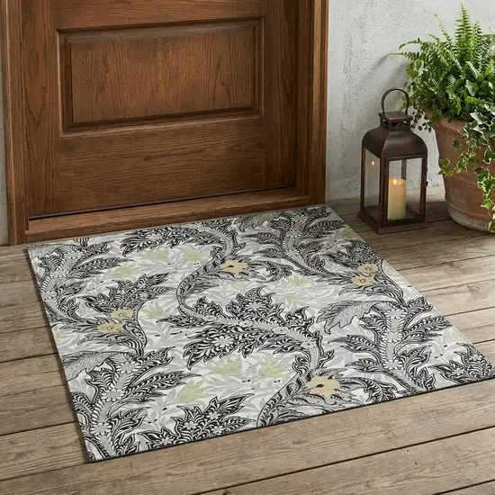 Black And Gray Botanical Leaves Washable Indoor Outdoor Area Rug Photo 1