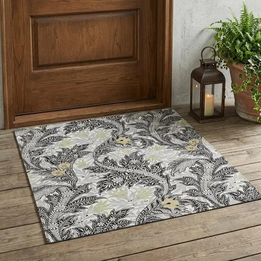 Black And Gray Botanical Leaves Washable Indoor Outdoor Area Rug Photo 1