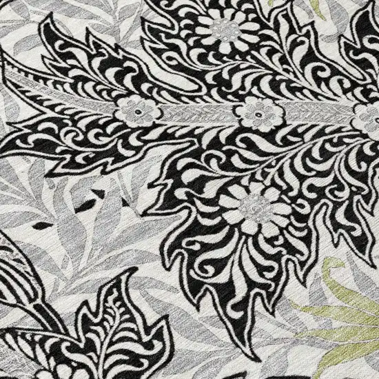 Black And Gray Botanical Leaves Washable Indoor Outdoor Area Rug Photo 4