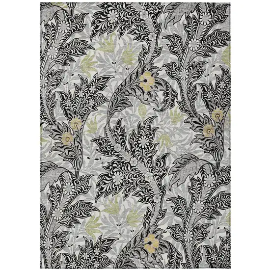 Black And Gray Botanical Leaves Washable Indoor Outdoor Area Rug Photo 2
