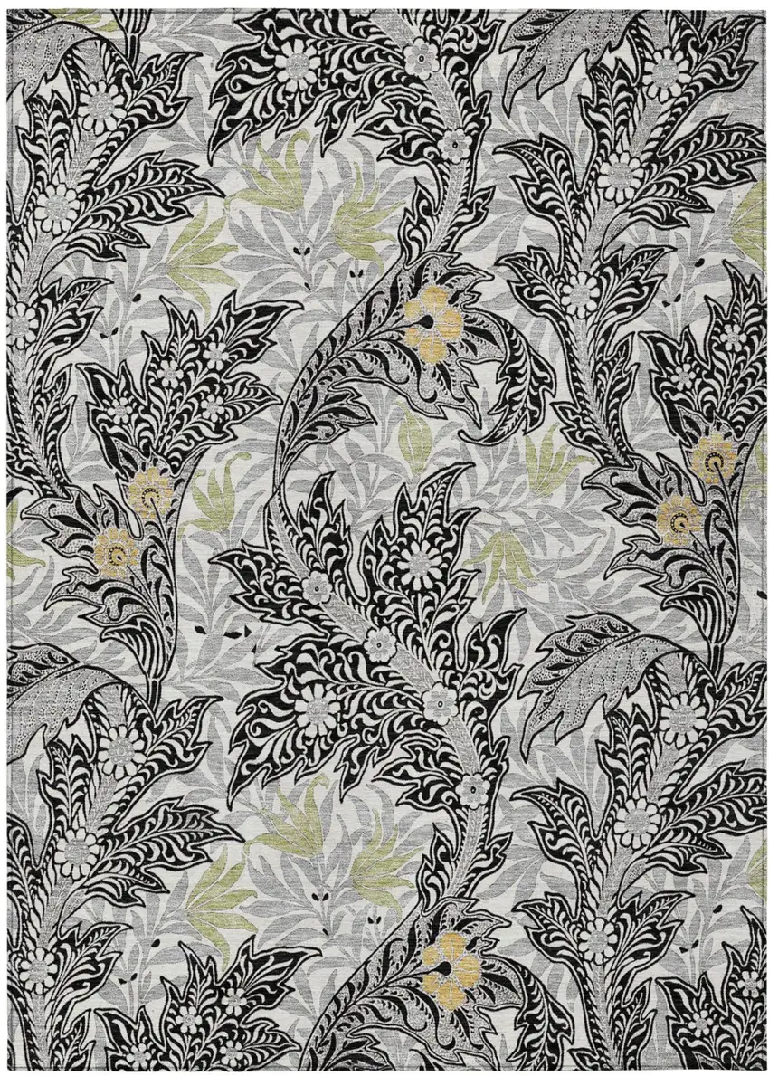Black And Gray Botanical Leaves Washable Indoor Outdoor Area Rug Photo 2