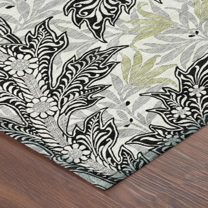 Black And Gray Botanical Leaves Washable Indoor Outdoor Area Rug Photo 3