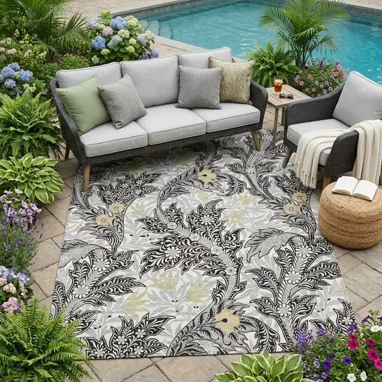 Black And Gray Botanical Leaves Washable Indoor Outdoor Area Rug Photo 1