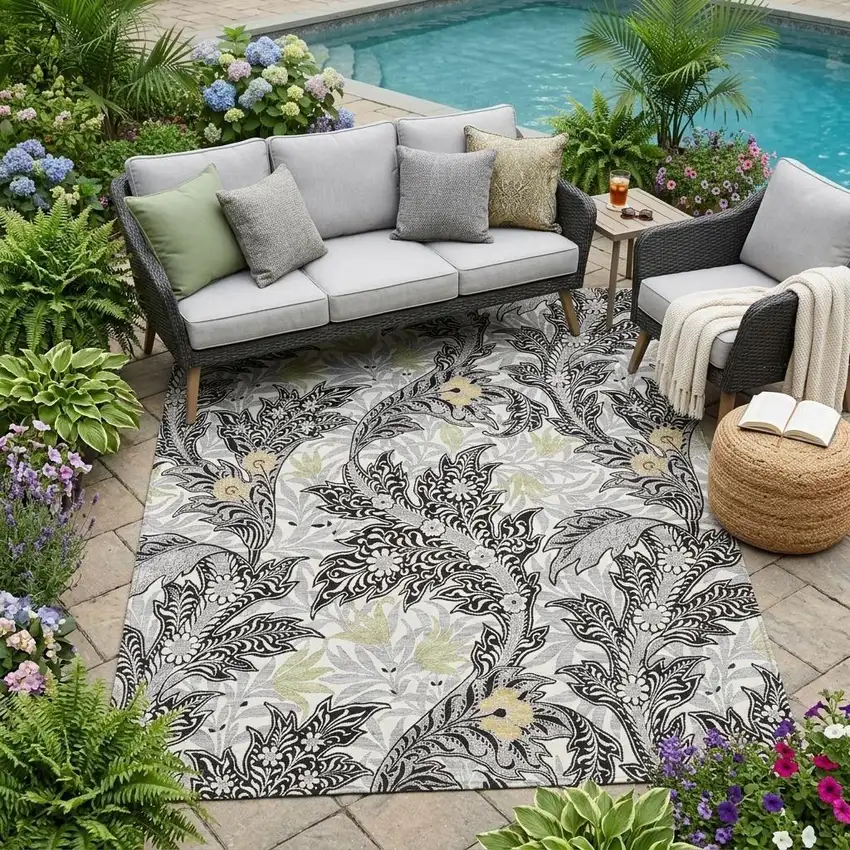 Black And Gray Botanical Leaves Washable Indoor Outdoor Area Rug Photo 1