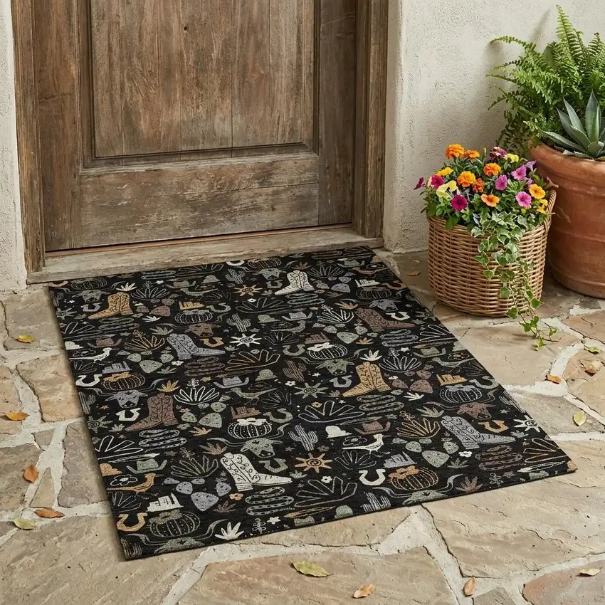 Black And Gray Cactus Washable Indoor Outdoor Area Rug Photo 1