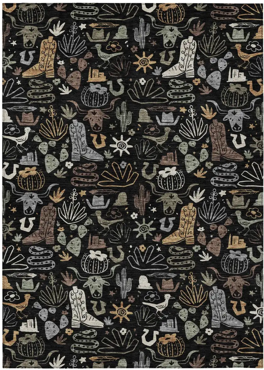 Black And Gray Cactus Washable Indoor Outdoor Area Rug Photo 2