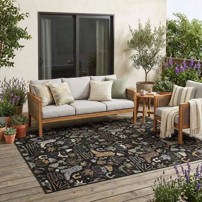Black And Gray Cactus Washable Indoor Outdoor Area Rug Photo 1