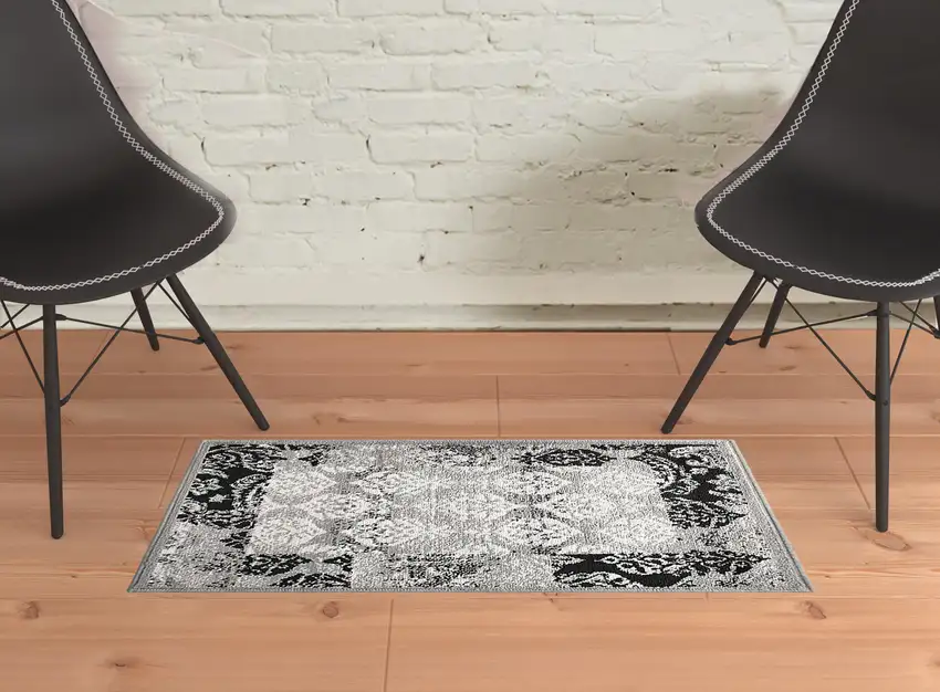Black And Gray Damask Power Loom Distressed Stain Resistant Area Rug Photo 8