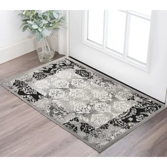 Black And Gray Damask Power Loom Distressed Stain Resistant Area Rug Photo 1
