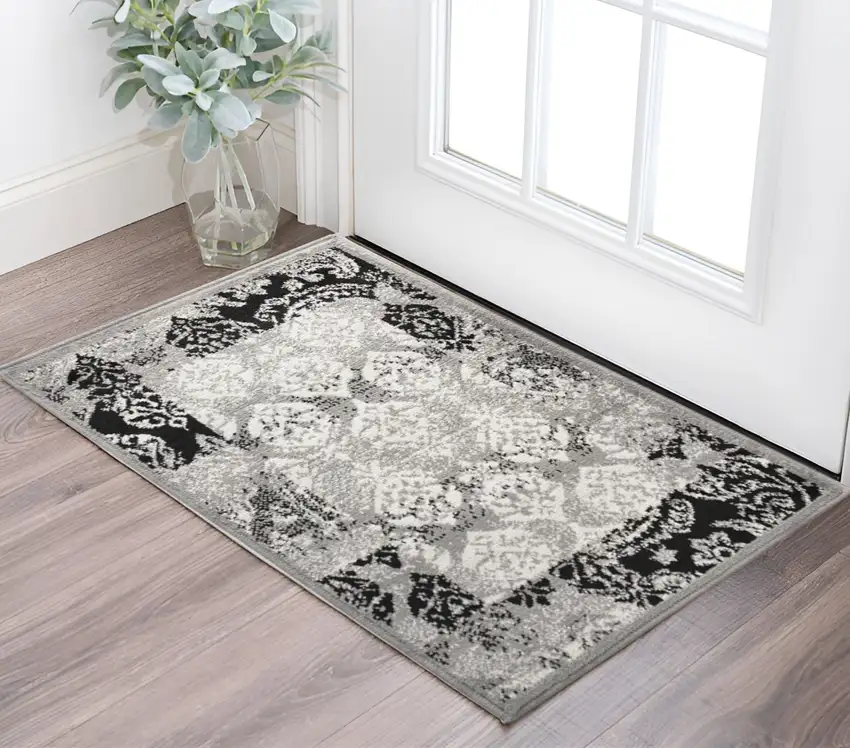 Black And Gray Damask Power Loom Distressed Stain Resistant Area Rug Photo 1