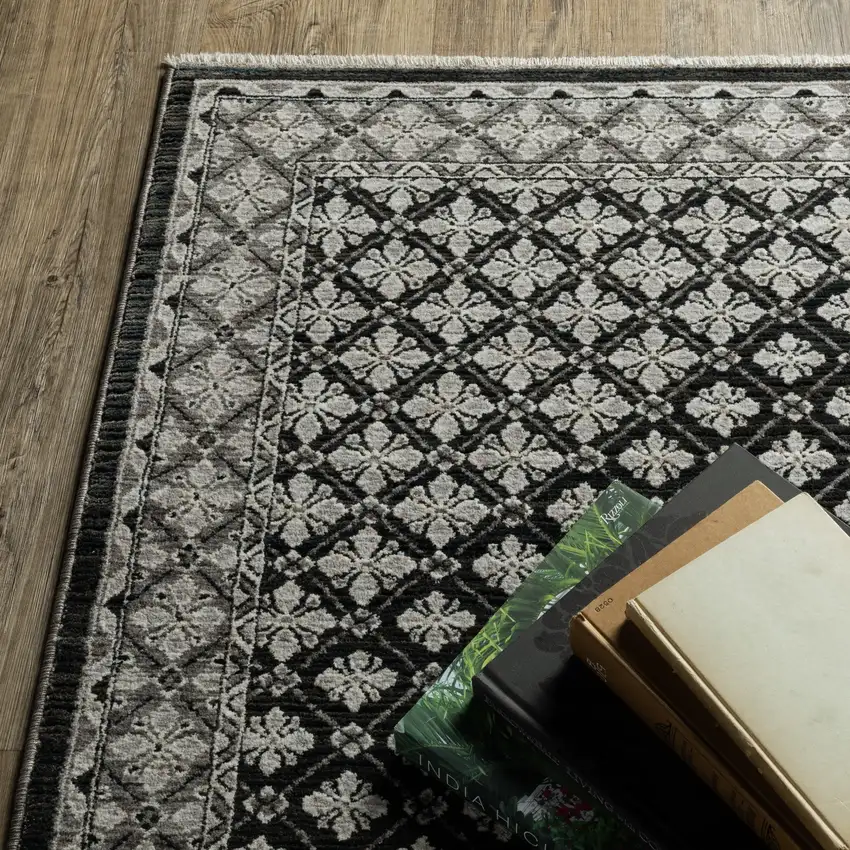 Black And Gray Diamond Area Rug With Fringe Photo 9