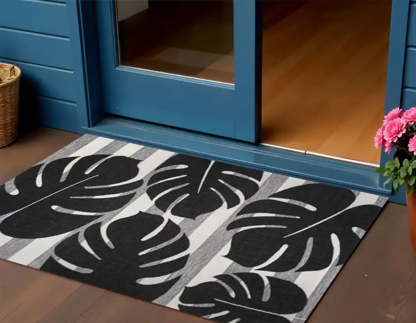 Black And Gray Floral Indoor Outdoor Area Rug Photo 1
