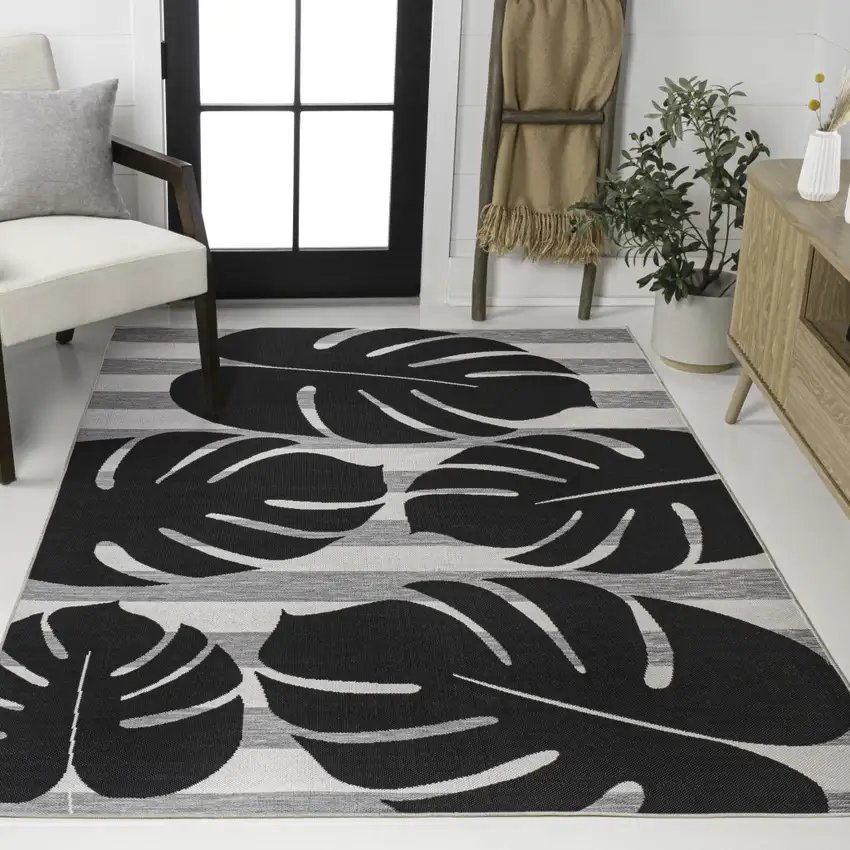 Black And Gray Floral Indoor Outdoor Area Rug Photo 4
