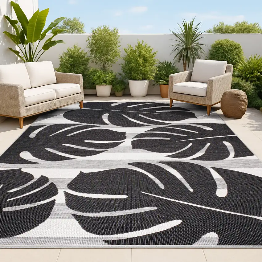 Black And Gray Floral Indoor Outdoor Area Rug Photo 2