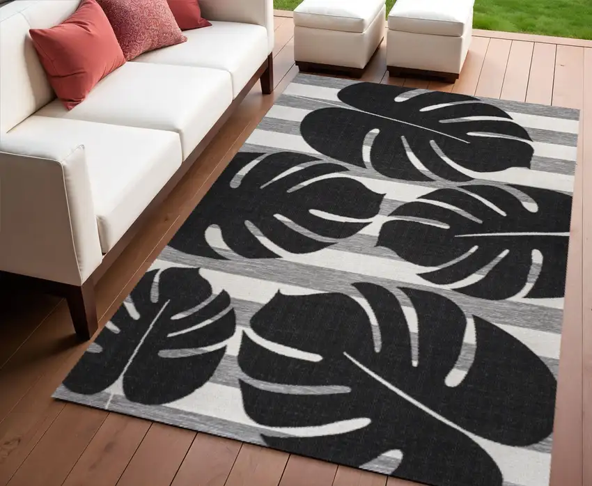 Black And Gray Floral Indoor Outdoor Area Rug Photo 1