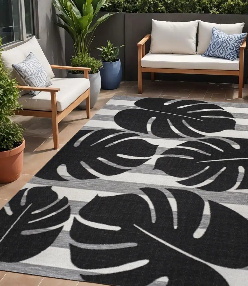 Black And Gray Floral Indoor Outdoor Area Rug Photo 1