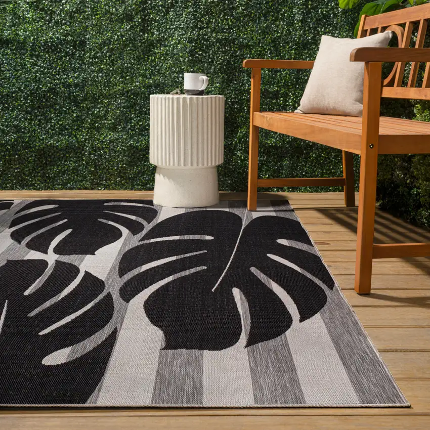Black And Gray Floral Indoor Outdoor Area Rug Photo 7