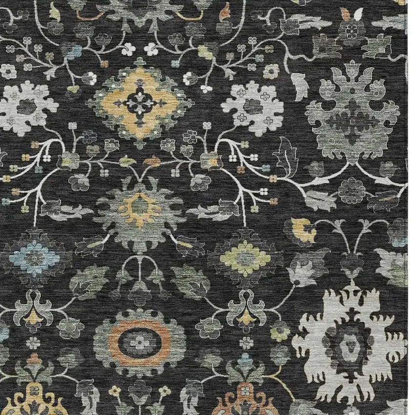 Black And Gray Floral Medallion Washable Indoor Outdoor Area Rug Photo 2