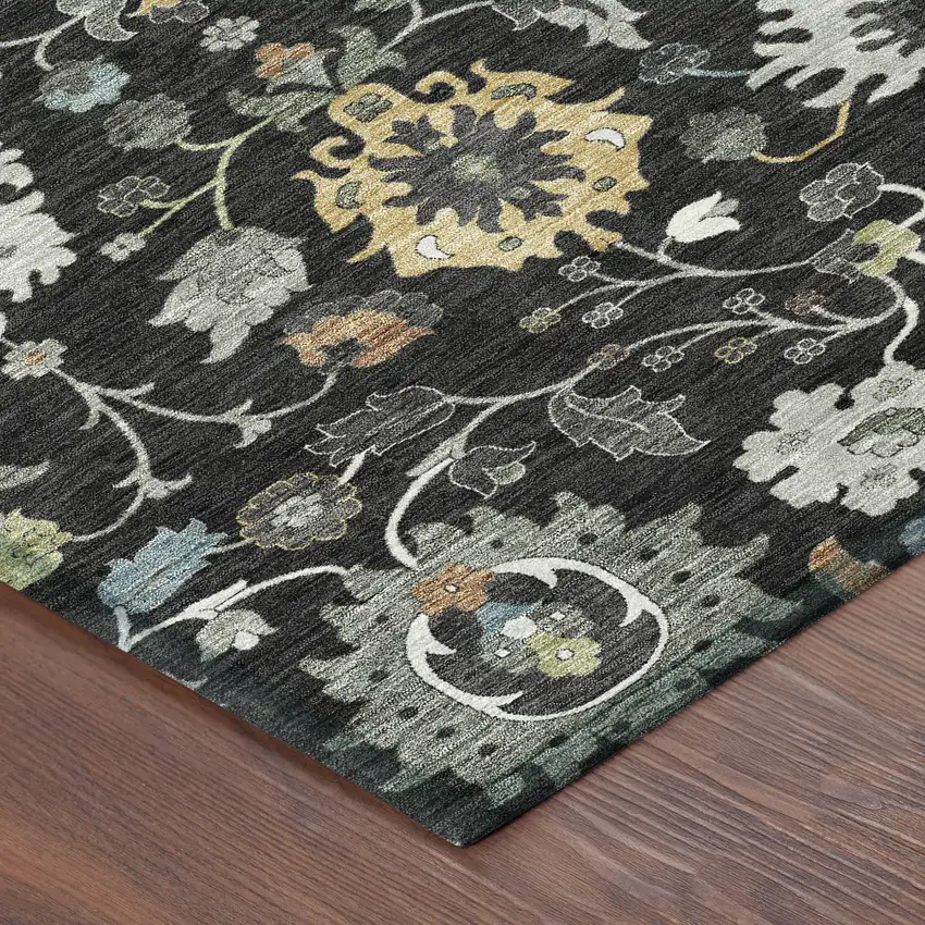 Black And Gray Floral Medallion Washable Indoor Outdoor Area Rug Photo 8