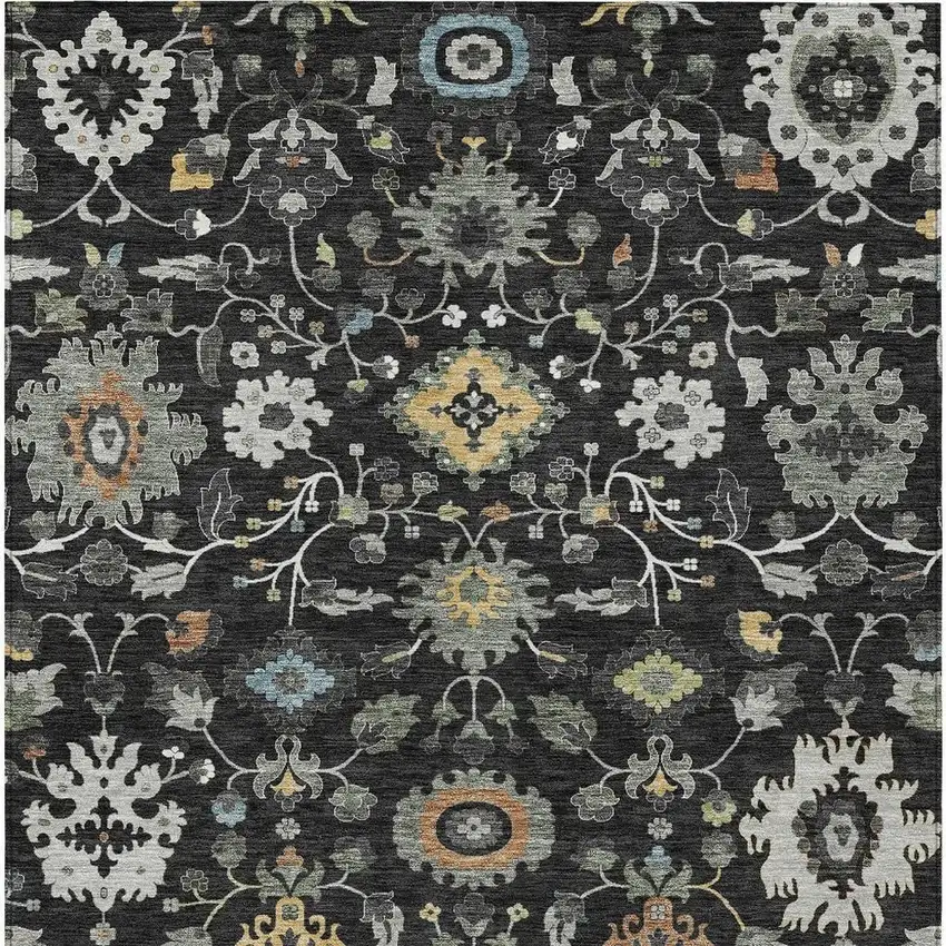 Black And Gray Floral Medallion Washable Indoor Outdoor Area Rug Photo 3