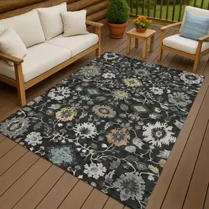 Photo of Black And Gray Floral Medallion Washable Indoor Outdoor Area Rug