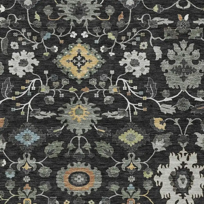 Black And Gray Floral Medallion Washable Indoor Outdoor Area Rug Photo 2