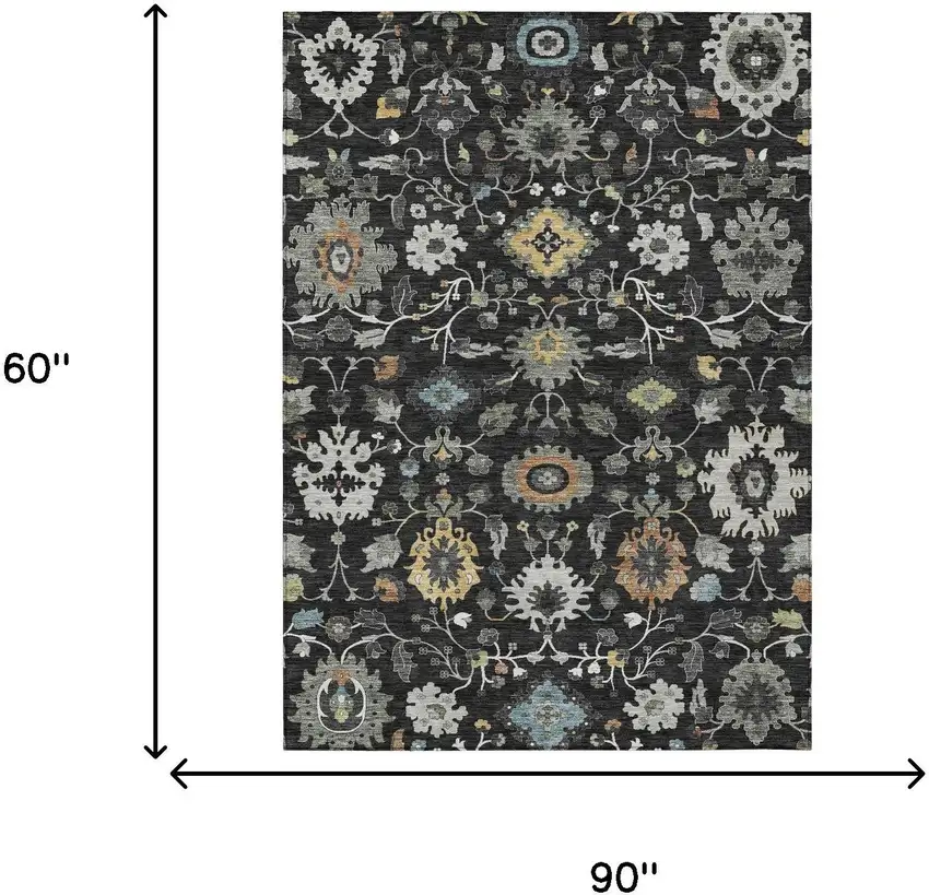Black And Gray Floral Medallion Washable Indoor Outdoor Area Rug Photo 6